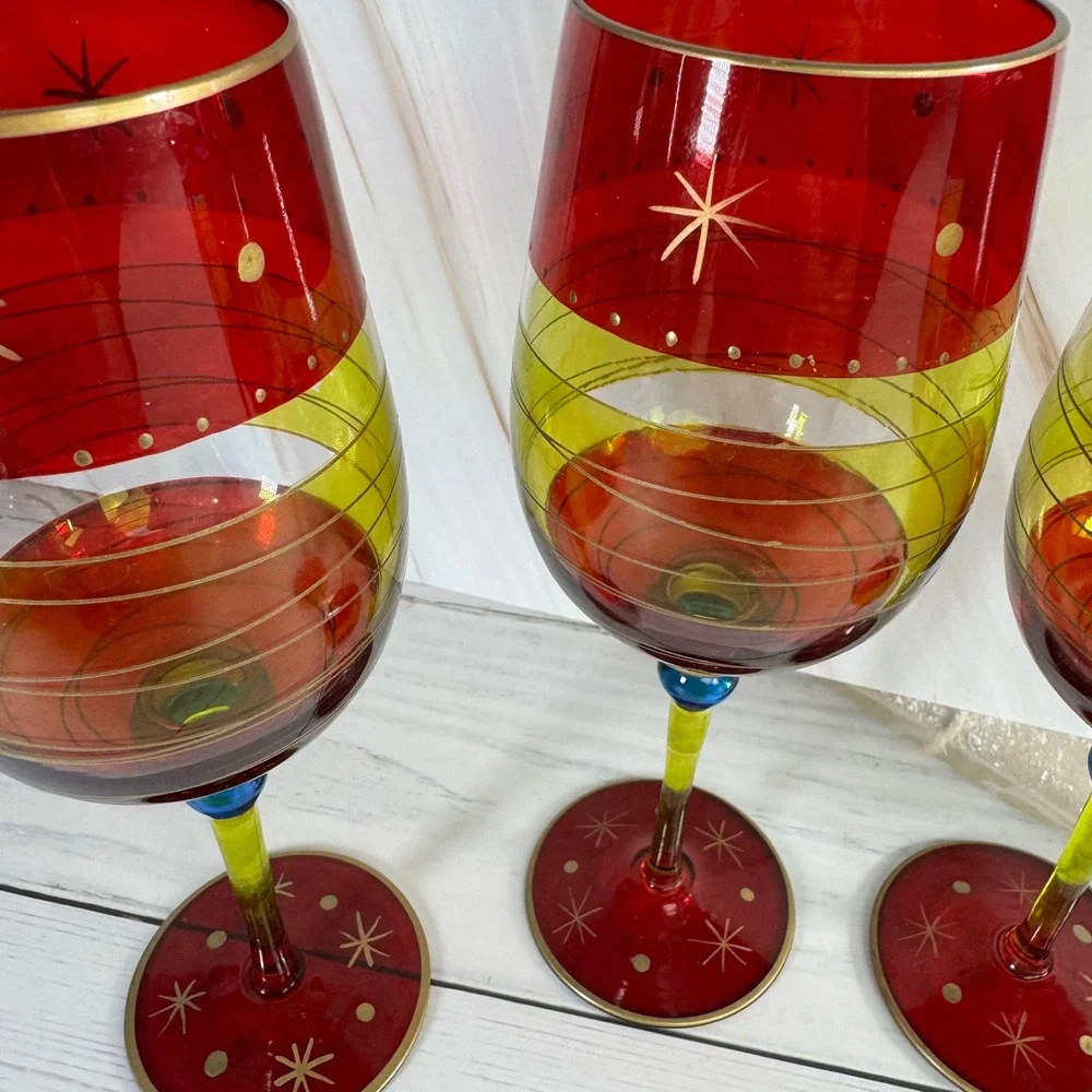 Wine Glasses Set of 4 Red Lime Green Hand Painted Starburst Festive Holidays